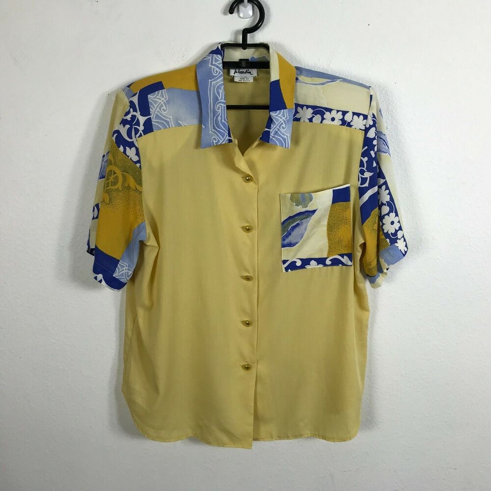 Vintage 1980s Jo Hardin Blouse Size 14 Multicolor Floral Rayon‎ Short Sleeve